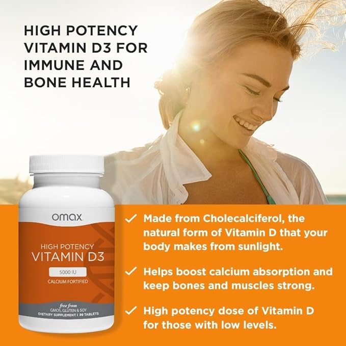 Omax3 Vitamin D3 5000 IU + Calcium, 30-Day Supply, Strong Bones, Muscles & Joints, Heart Health, Immunity, Non GMO, No Gluten, No Soy - 30 Tablets