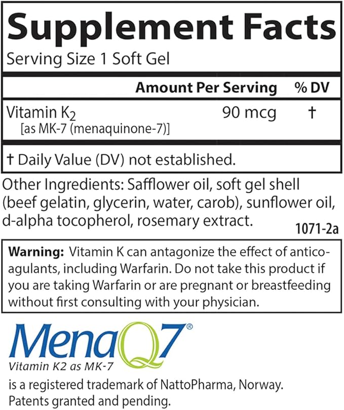 Carlson - Vitamin K2 MK-7 (Menaquinone), 90 mcg, Bone Support, Calcium Bioavailability, K2 Vitamin, Vitamin K-2, 60 Softgels