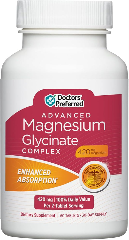 DOCTORS' PREFERRED Advanced Magnesium Glycinate Complex, Enhanced Absorption Technology, Highly Potent, Gentler, Doctor-Developed Formula. Heart Health, Mood Health and More 420 mg, 30-Day Supply