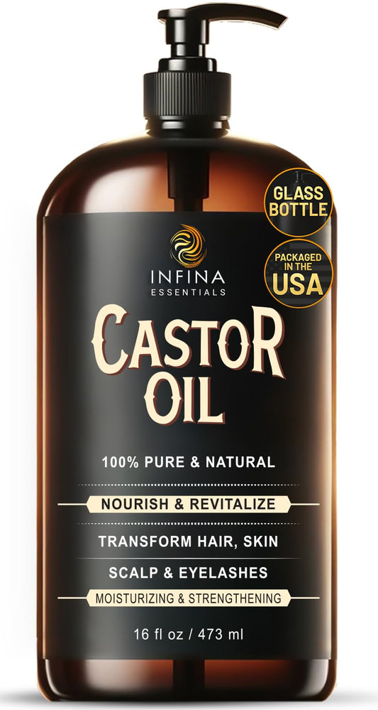 Infina Essentials Pure Cold Pressed Castor Oil - Hexane Free, Glass Bottle For Hair Growth, Face, Scalp, Skin & Eyelashes - Nour