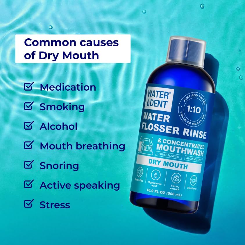 Concentrated Irrigant and mouthwash Dry Mouth | Add to Water Flossers | Fruit Flavor | When dilluted 16.9 fl.oz = 186 fl.oz | Alcohol Free, Fluoride Free. Made in USA (Non-Medical) WATER DENT