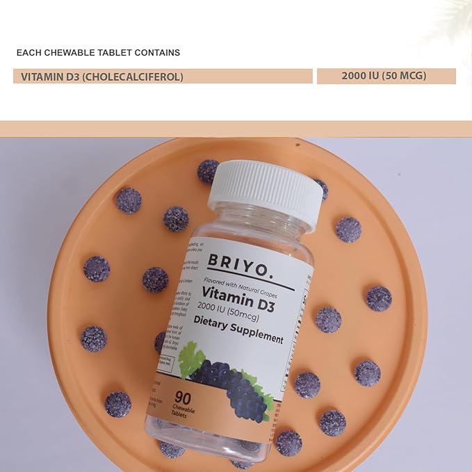 Briyo Vitamin d3 chewable Tablet - 2000 IU (50 mcg Per Serving) - Delicious Natural Grape Flavor, 90 Count