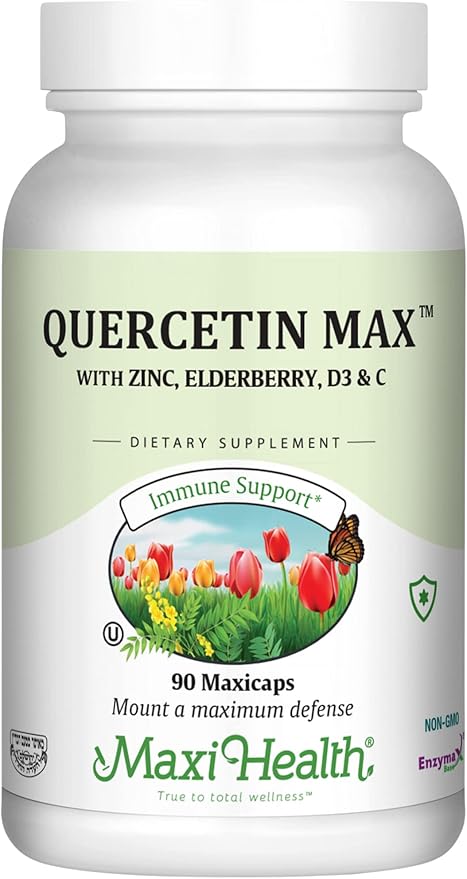 Maxi Health Quercetin 500mg with Zinc 30mg, Vitamin C 1000mg, Vitamin D 2500 IU, Elderberry 125mg - Vegetarian Health Supplement for Adults Kosher Certified - 90 Veggie Capsules