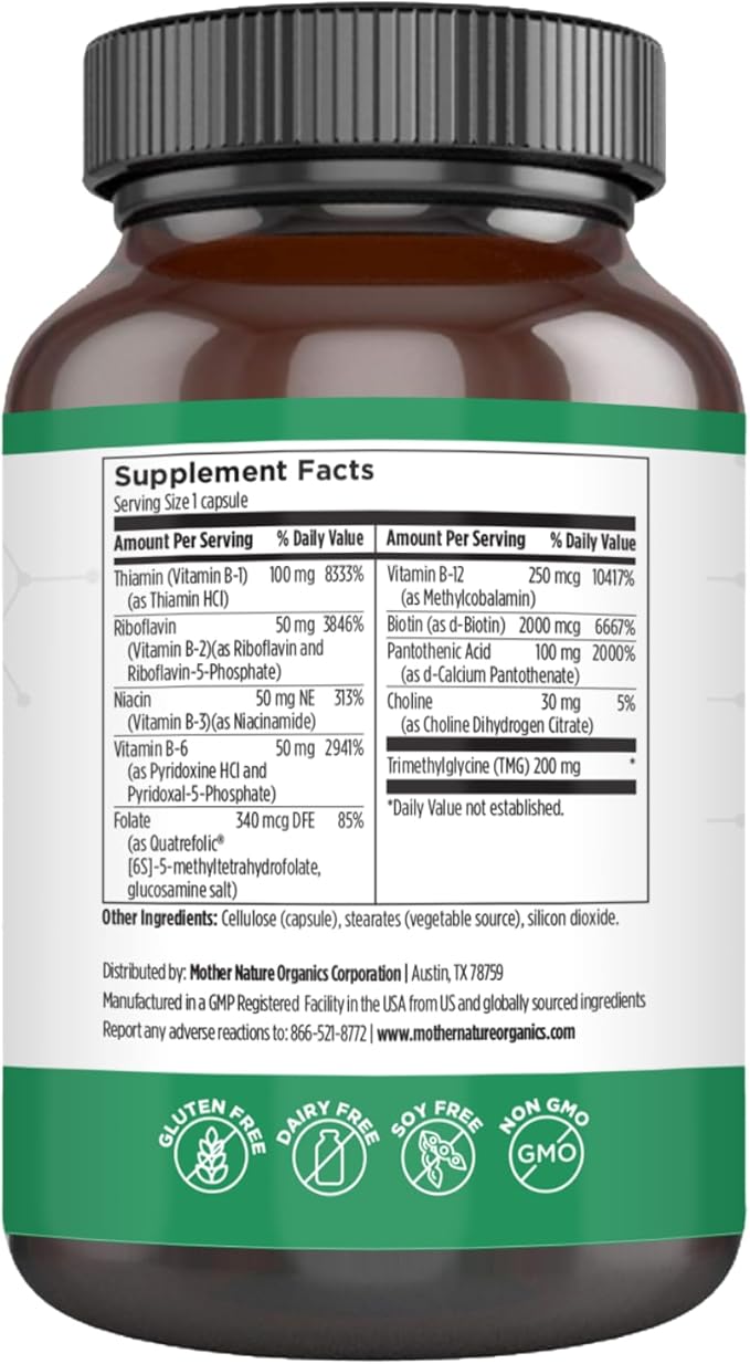 Mother Nature Organics Methylated B Complex – Bioactive B Vitamins with Methyl B12, B1, B3 Niacin, B6, Folate & Biotin – Supports Energy, Brain, Heart & Metabolism – 120 Capsules, Non-GMO, Gluten-Free