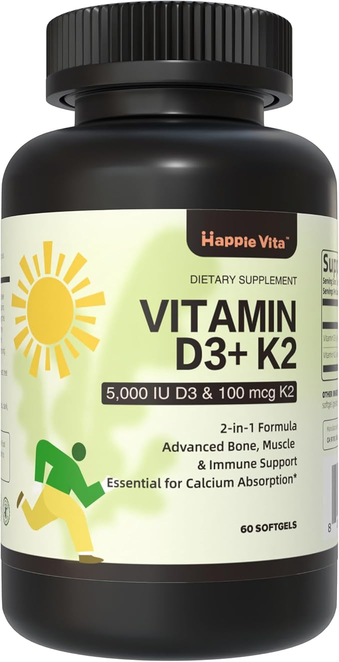 Vitamin D3 K2, Vitamin D3 5000 IU (125 mcg) + Vitamin K2 100 mcg, 2 in 1 D3 and K2 Supplements for Bone, Teeth, Muscle and Immune Health Support, 60 Softgels