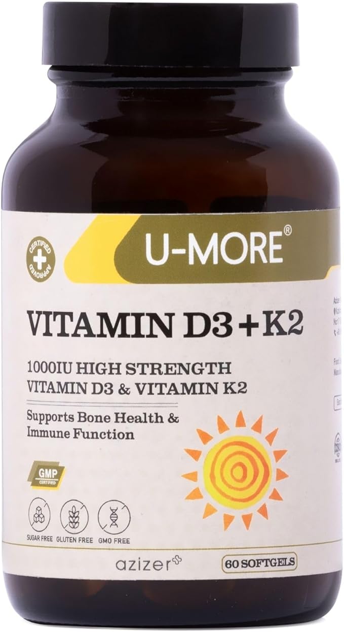 U-MORE - 1000 IU High Strength Vitamin D3 & Vitamin K2 (Menaquinone 7) - Sugar, Gluten, GMO Free, Supports Bone Health & Immune Function, Daily Supplement for Strong Bones & Immunity - 60 Softgels