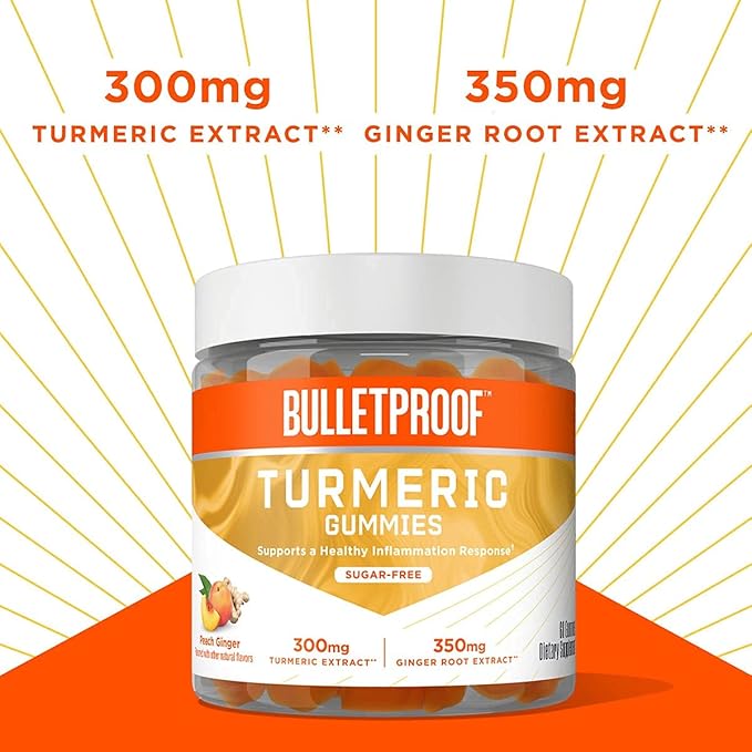 Bulletproof Vitamins A+D+K, 60 Sugar-Free Gummies, Strawberry Orange Flavor |Turmeric Sugar-Free Gummies, 60 Count, Peach Ginger