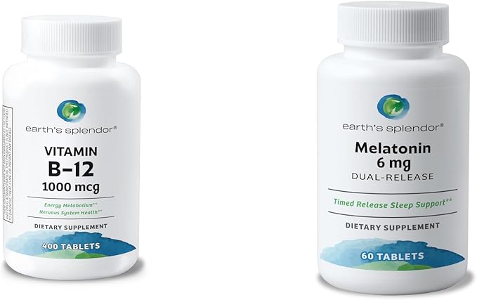 Earth's Splendor Wellness Bundle – Vitamin B12 Energy Support (1000mcg, 400 Tablets) & Melatonin 6mg Sleep Aid (60 Bilayer Tablets) – Gluten-Free, No Artificial Colors or Flavors