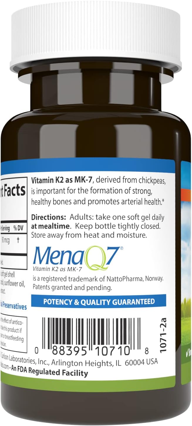 Carlson - Vitamin K2 MK-7 (Menaquinone), 90 mcg, Bone Support, Calcium Bioavailability, K2 Vitamin, Vitamin K-2, 60 Softgels