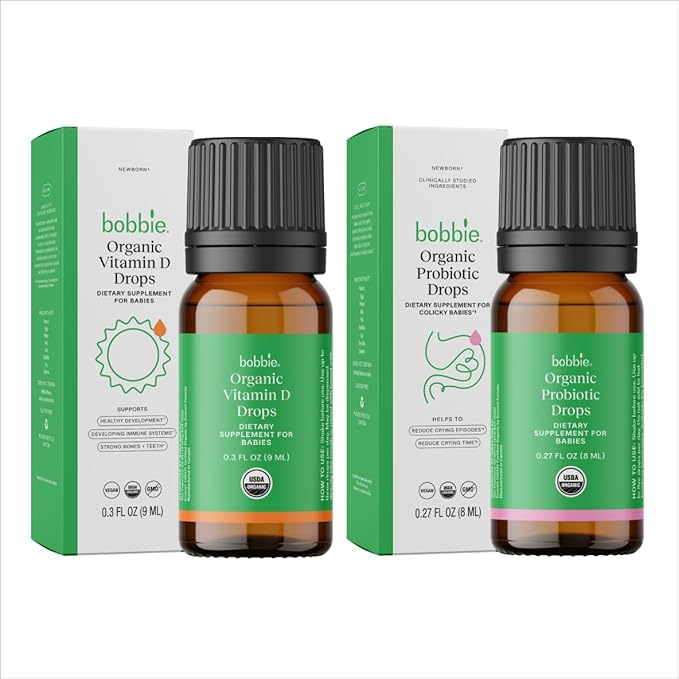 Bobbie Organic Baby Vitamin D and Probiotic Drops Bundle, Daily Liquid Supplements for Immune, Teeth, Bone and Digestive Health Support in Newborn Babies and Infants, Vegan, Infant-Friendly Formula