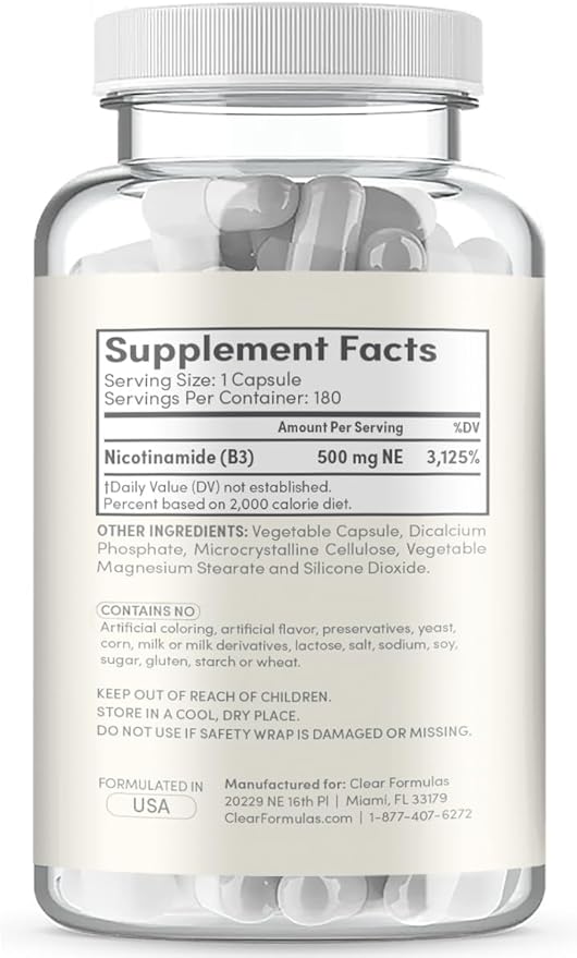 Vitamin B3 Nicotinamide 500mg - High Absorption Form of Vitamin B3 Niacin Flush Free for Hear Skin Brain and Energy Support - NAD Precursor - Made in a cGMP American Facility (180 Servings)