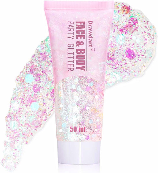 Drawdart Face & Body Glitter, Cosmetic-Grade Glitter Gel- Singer Concerts Disco Festival Rave Accessories, Chunky Hair Sparkling Glitter Gel for Women, Vegan & Cruelty Free- 50ml (White)