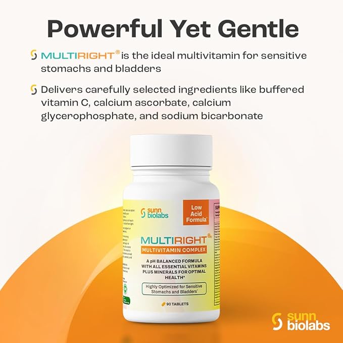 MULTIRIGHT | LOW ACID MULTIVITAMIN for Sensitive Stomachs, Bladders or IC | 14 Vitamins & 14 Minerals | Bladder-Friendly, pH Balanced | Easy on Digestion-Less Acidic | Buffered Vitamin C | 90 Tablets