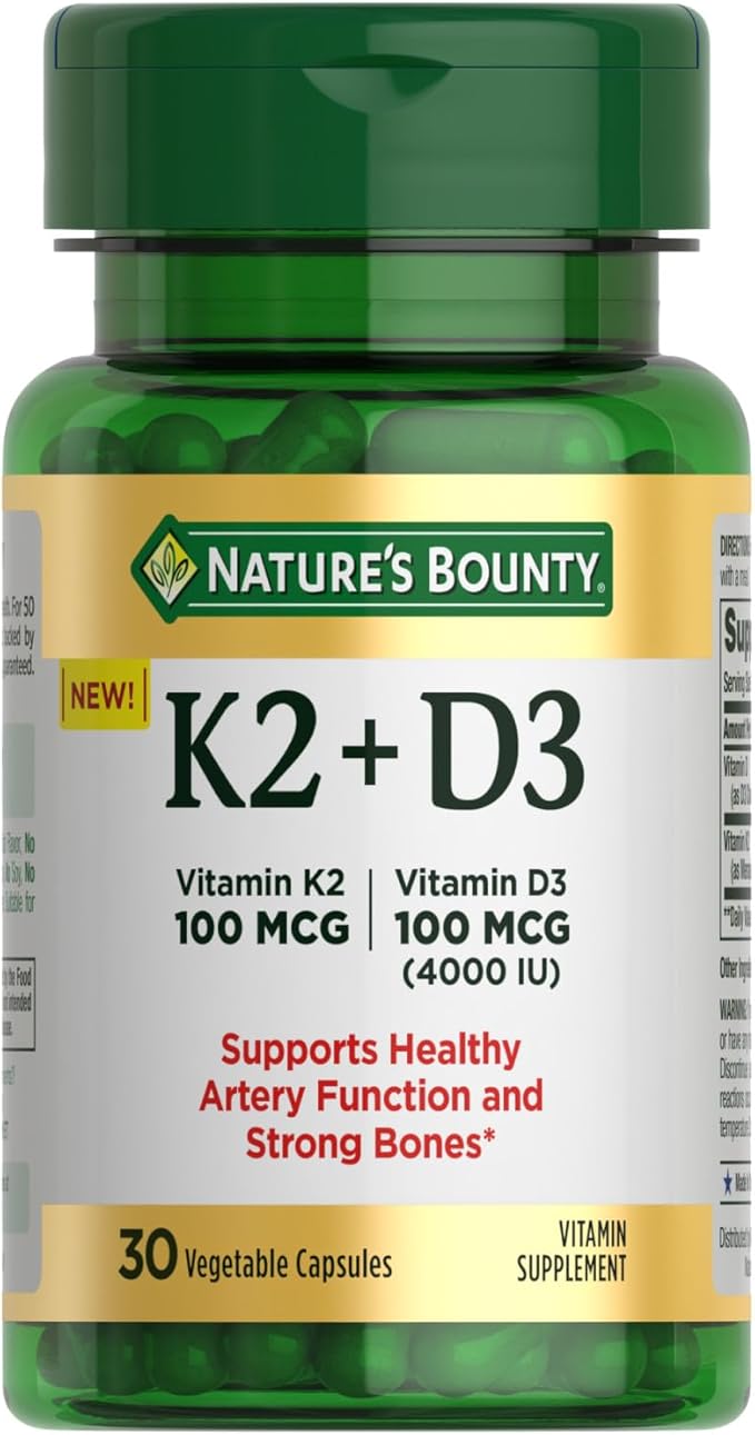 Nature's Bounty Vitamin D3 K2 Supplement, 4000 IU Vitamin D3 Plus 100 mcg of Vitamin K for Heart & Bone Health Support, 30 Day Supply, 30 Vegetarian Capsules, K2 + D3 Supplements for Adults