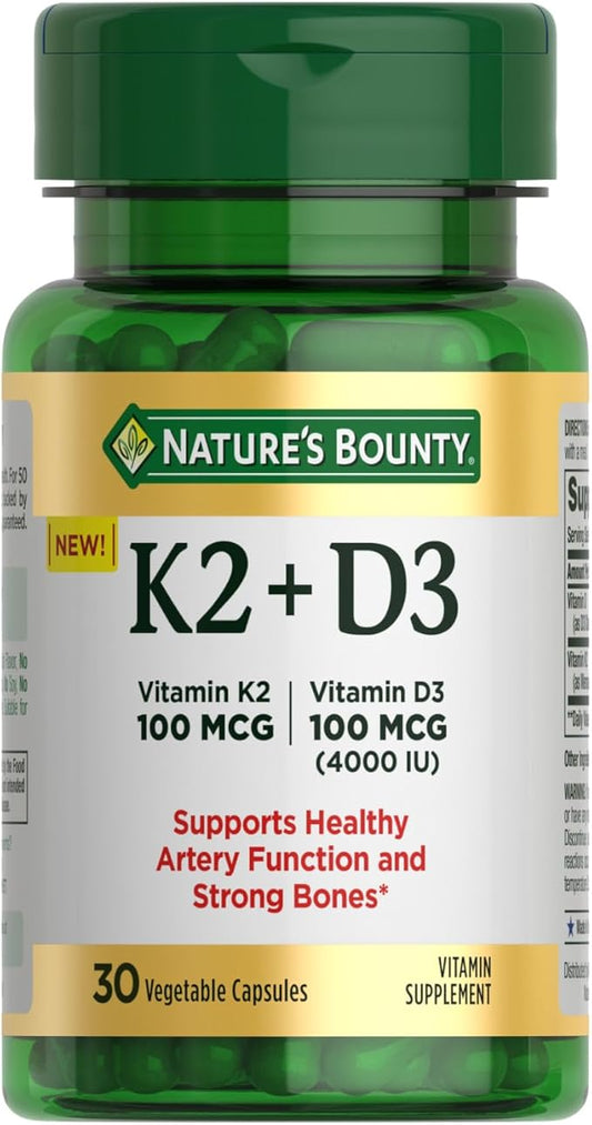 Nature's Bounty Vitamin D3 K2 Supplement, 4000 IU Vitamin D3 Plus 100 mcg of Vitamin K for Heart & Bone Health Support, 30 Day Supply, 30 Vegetarian Capsules, K2 + D3 Supplements for Adults
