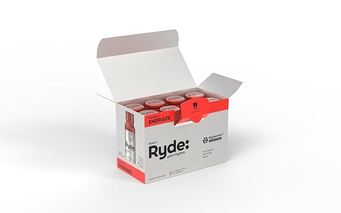 Ryde: Energize Shot | Tropical Flavor | Green Tea Caffeine, Taurine, Ginseng Extract & B Vitamins | 0 Calories, 0 Sugar | 2 FL OZ Shots | Boosts energy* (8 Pack)