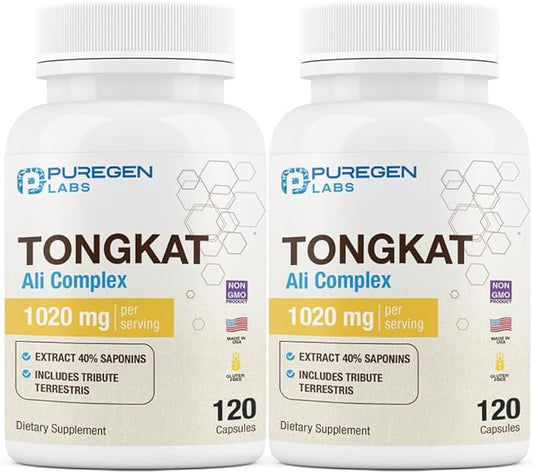 Puregen Labs Tongkat Ali Extract 200 to 1 for Men, 1020mg per Serving, [High Potency] Total 240 Capsules - Men's Health Support with 20mg Tribulus Terrestris | Non-GMO, Gluten Free, Made in USA