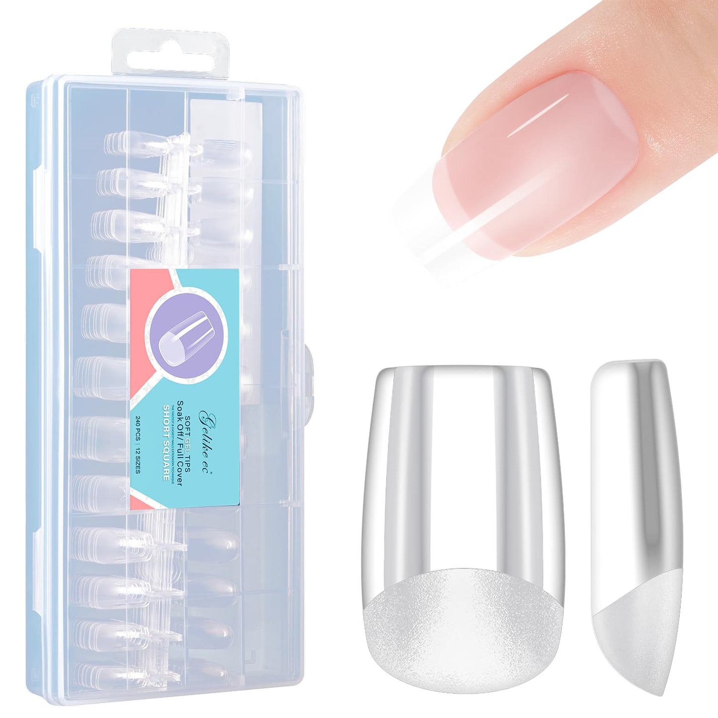 Gelike Ec Short Square Nail Tips: Soft Gel X False Nail Tips Full Cover For Nail Extensions - Acrylic Nails Professional Clear G