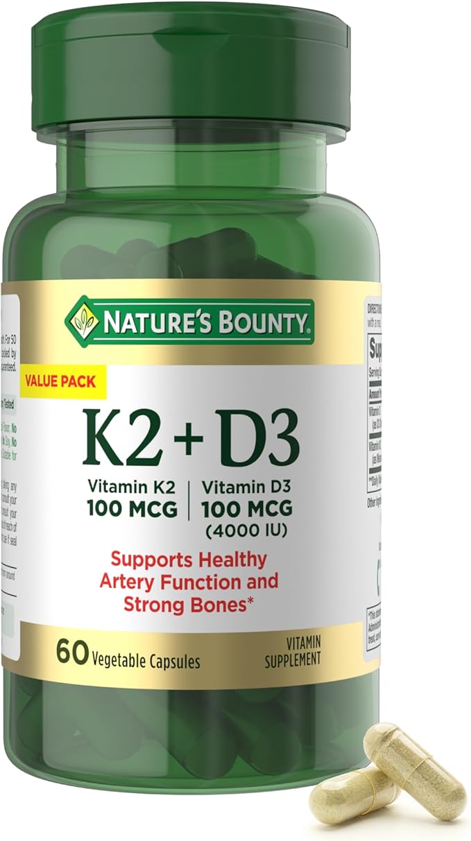 Nature's Bounty Vitamin D3 K2 Supplement, 4000 IU Vitamin D3 Plus 100 mcg of Vitamin K for Heart & Bone Health Support, 60 Day Supply, 60 Vegetarian Capsules, K2 + D3 Supplements for Adults