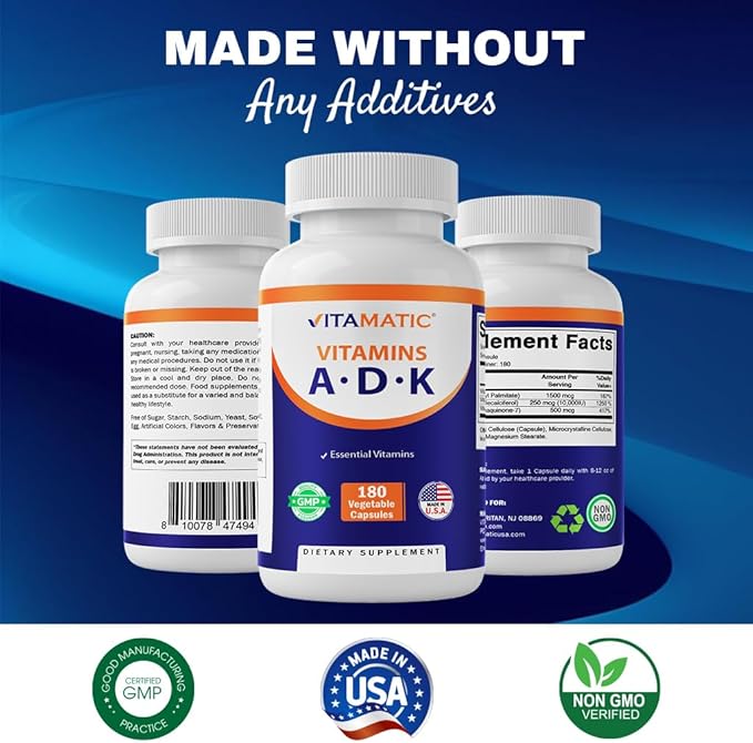 Vitamatic ADK Vitamin Supplement, 180 Veg Capsules, High Potency Vitamins A, D3, K2 for Bone Health, Calcium Absorption, Non-GMO, Gluten Free