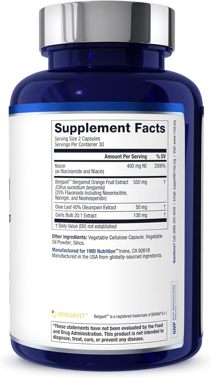 1MD Nutrition CholestMD with Olive Leaf Extract, Bergavit, Niacin, Garlic | 120 Capsules (2-Pack)