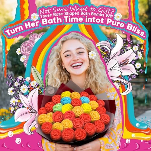 30 Rose-Shaped Bath Bombs – Handmade with Natural Ingredients, 6 Calming Scents, Relaxing Spa Gifts for Women, Men, Teens & Kids – Self Care Gifts for Summer & Birthdays