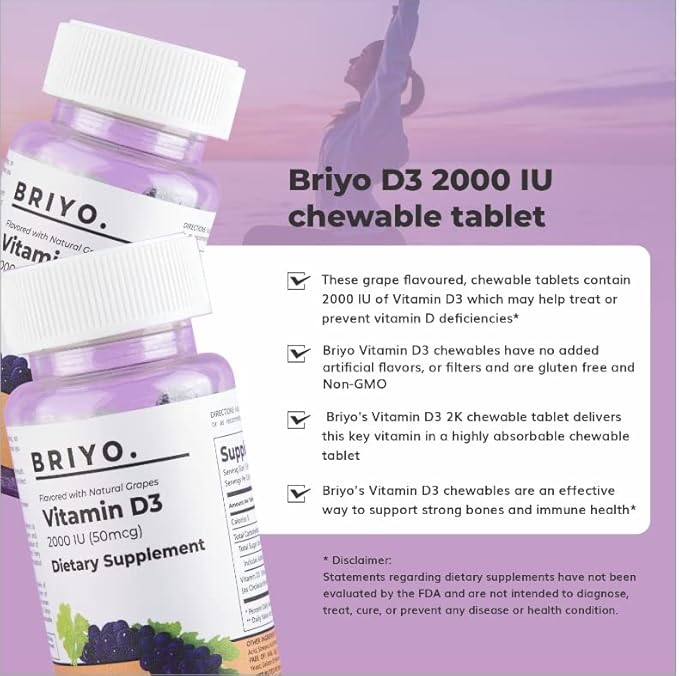 Briyo Vitamin d3 chewable Tablet - 2000 IU (50 mcg Per Serving) - Delicious Natural Grape Flavor, 90 Count