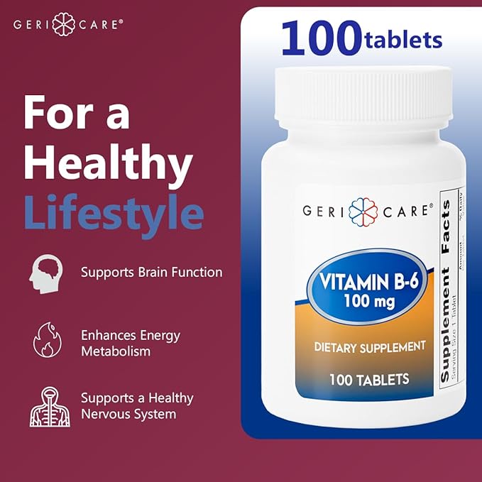 GeriCare Vitamin B-6 100mg, 100 Tablets – Daily Nutritional Support for Healthy Brain Function, Mood Enhancement, Circulatory Health & Metabolism – Helps Combat Fatigue & Promote Overall Wellness