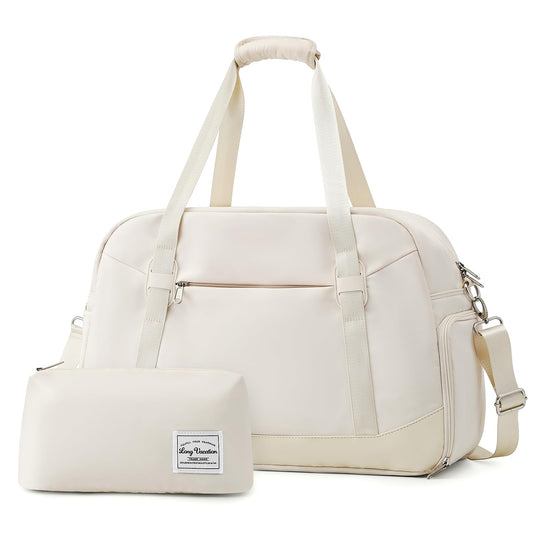 LONG VACATION Women's Travel Duffel Bag with Toiletry Bag, Sports Gym Bag Weekendeer Carry-on Tote with Shoe Compartment and Wet Pocket, Yoga Bag Fit 17.3inch Laptop (APRICOT WHITE, 21-inch)
