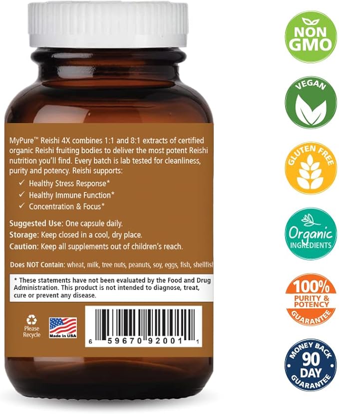 PURE ESSENCE LABS MyPure Reishi 4X Organic Mushrooms Supplement - 100% Real Mushroom Extract for Immune Support, Stress Relief, Build Energy (30 Capsules)