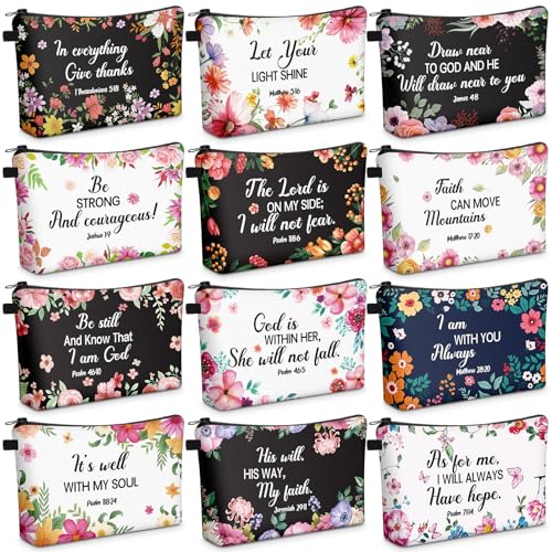 Chunful 12 Pcs Inspirational Christian Bags Bulk for Women Bible Verse Cosmetic Bag Pencil Pouch Gift Zippered Flower Organizer Journaling Supplies, 7.48 x 4.72 Inch(Elegant)