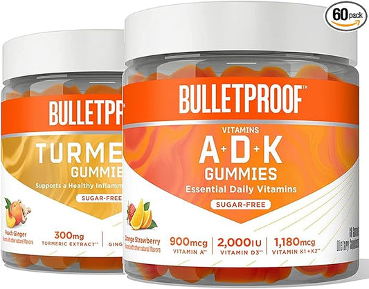 Bulletproof Vitamins A+D+K, 60 Sugar-Free Gummies, Strawberry Orange Flavor |Turmeric Sugar-Free Gummies, 60 Count, Peach Ginger