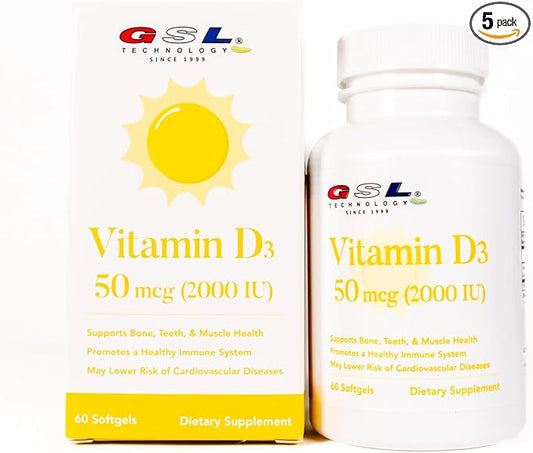 | Vitamin D3 | 50 mcg (2000 IU) Per Softgel | Dietary Supplement for Bone Health | Made in USA | 5 Pack of 60 Count (300 Softgels Total)