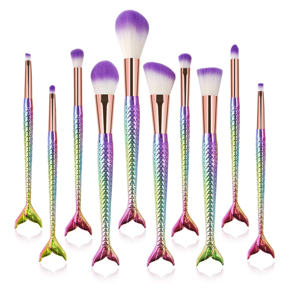 Mermaid Makeup Brush Set, 10Pcs Premium Synthetic Professional Makeup Brushes Foundation Angled Coutour Brush Concealer Shader E