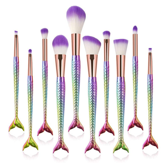 Mermaid Makeup Brush Set, 10Pcs Premium Synthetic Professional Makeup Brushes Foundation Angled Coutour Brush Concealer Shader E