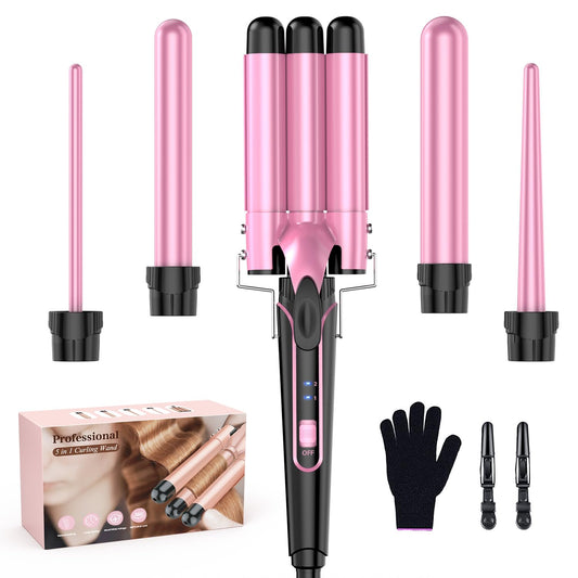 Waver Curling Iron Curling Wand - BESTOPE PRO 5 in 1 Curling Wand Set with 3 Barrel Hair Crimper for Women, Fast Heating Crimper