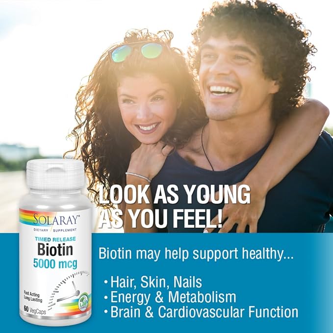 SOLARAY Biotin 5000 mcg | Timed Release | Fast-Acting, Long-Lasting Healthy Hair, Skin & Nails Support | 60 VegCaps
