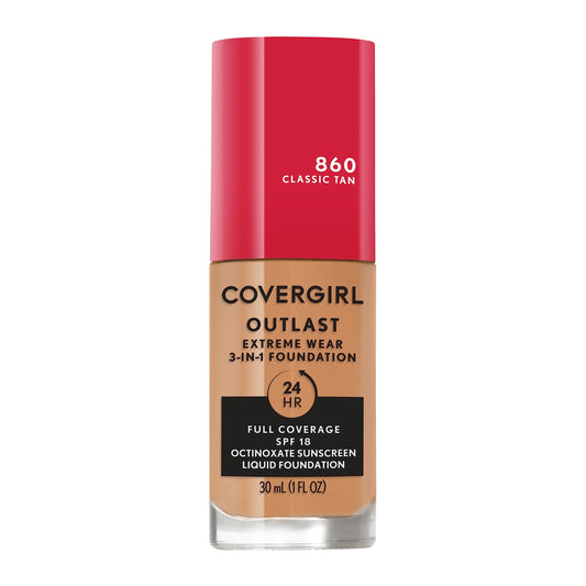 Covergirl Outlast Extreme Wear 3-In-1 Full Coverage Liquid Foundation, Spf 18 Sunscreen, Classic Tan, 1 Fl. Oz.
