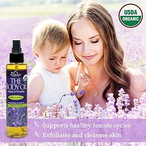 US Organic Body Oil - Elegant Lavender - Jojoba and Rosehip Oil with Vitamin E, Certified Organic, No Alcohol, Paraben, Artificial Detergents, Color or Synthetic perfumes, 5 Fl.oz. (Lavender)