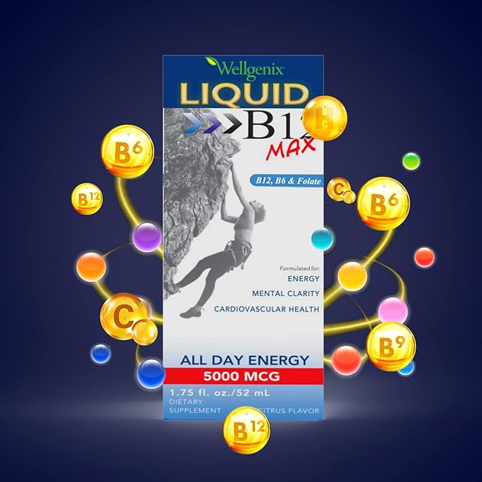 Wellgenix B12 Max Liquid - Vitamin B6, B12 & Folate-High Absorption - Cardiovascular Health, Mental Clarity, Energy Boost & Weight Loss - 1.75oz, 2 Pack