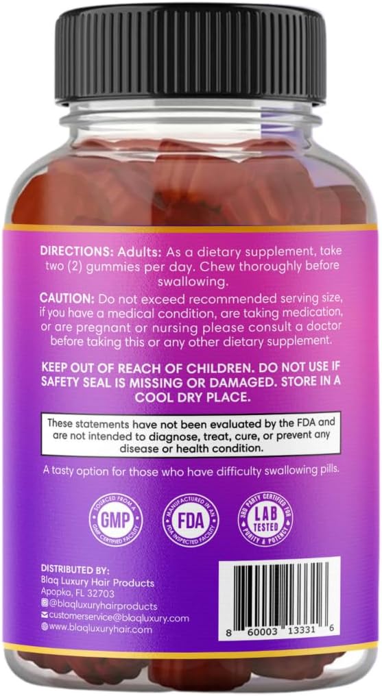 Blaq Luxury Biotin Gummies - Hair Growth Vitamins with 5000mcg Biotin per Serving | Vitamins B12, B6, Folic Acid, Iodine, Zinc | Hair Supplement for Hair Growth | for Women & Men | 1 Month Supply