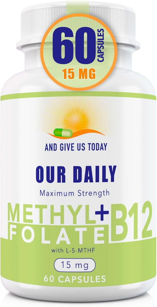 L-Methylfolate 15 mg + B 12 (1000 mcg) - 60 Capsules - Methylated & Glycine - Boost Mood, Energy & Memory - Immune Support & Vitamin Supplement for Men & Women - Non-GMO, Vegetarian Capsules
