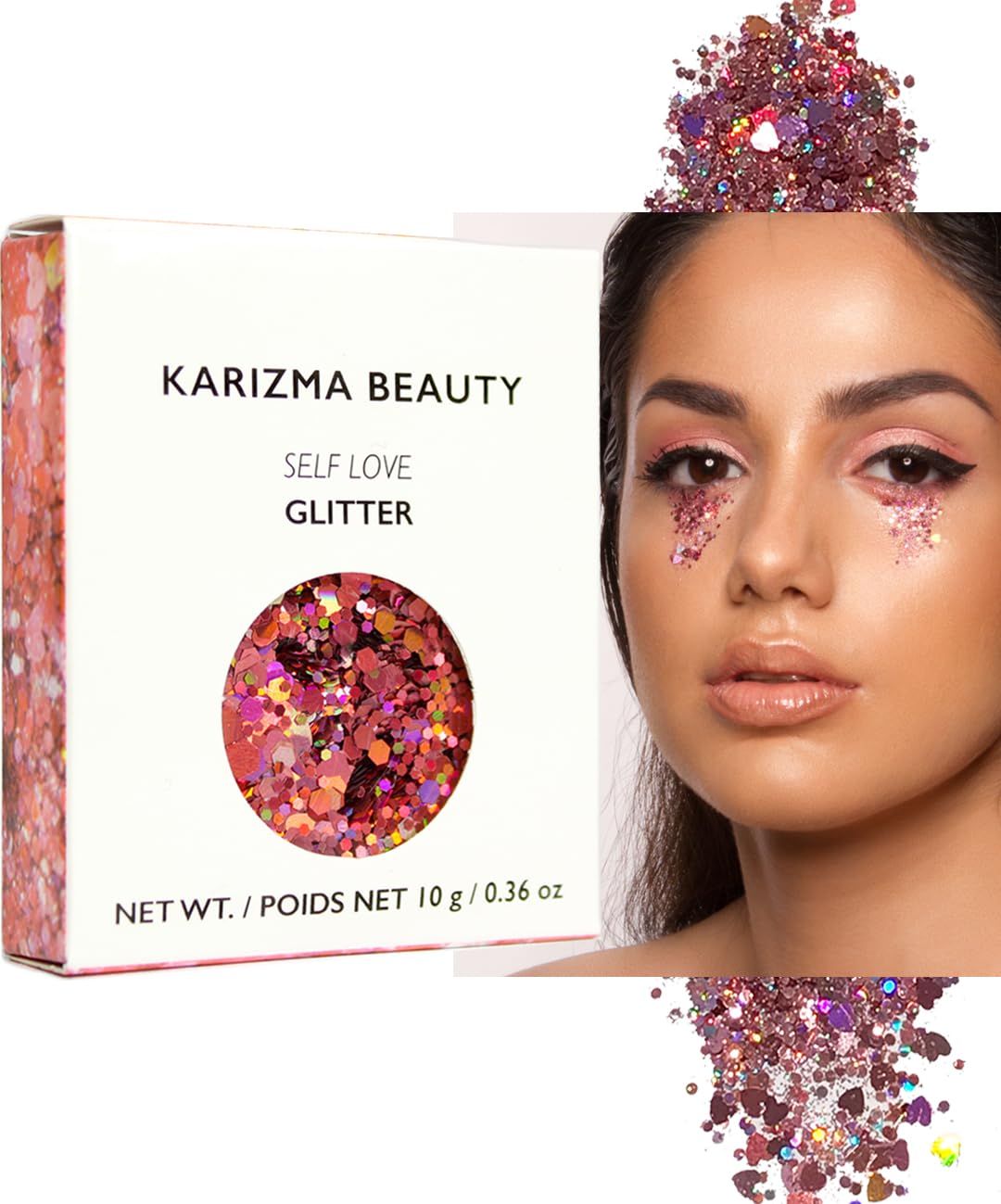 KARIZMA Self Love Heart Glitter - 10g Chunky Face, Hair, Eye, Body Glitter for Women - Rave, Festival Accessories, Cosmetic Makeup - Loose Set