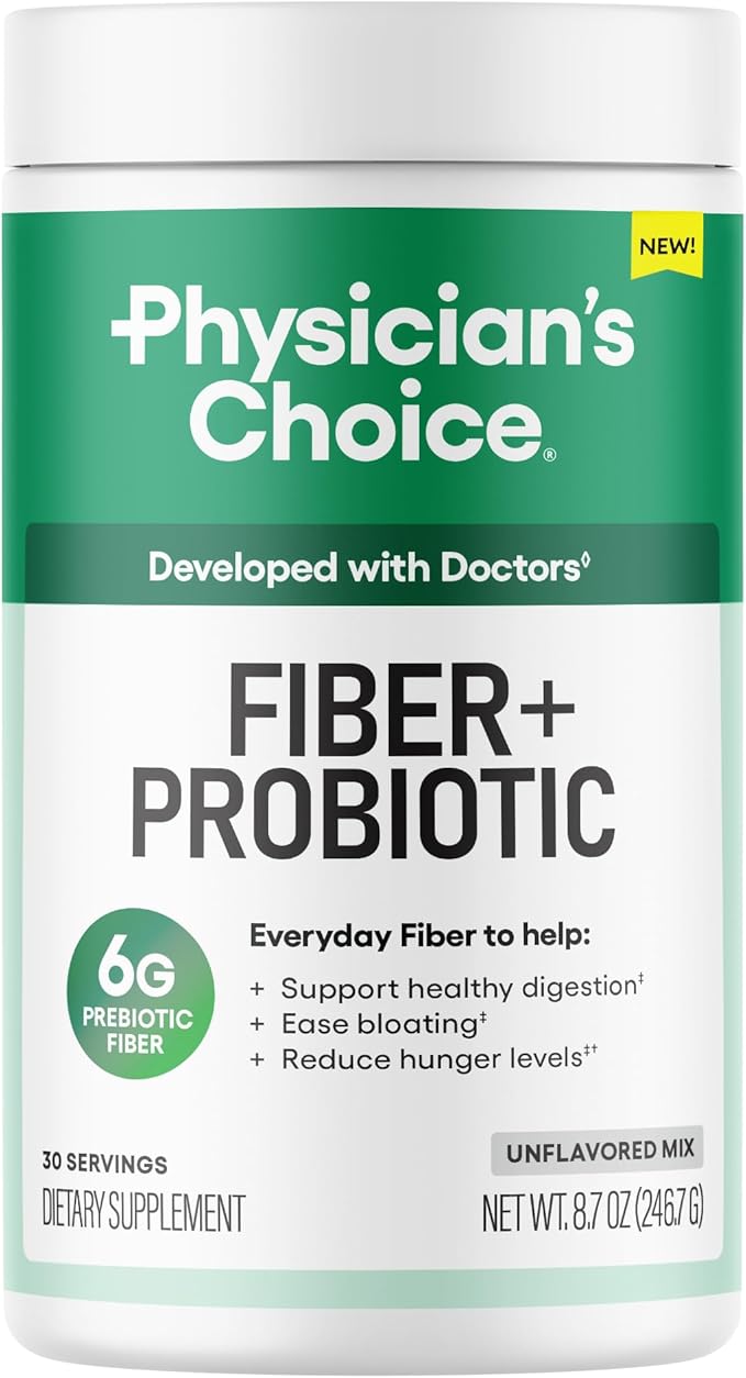 Physician's CHOICE Fiber & Probiotic Powder - Supports Regularity, Bloating, Gas, & Digestive Health - Organic Prebiotic - Sugar Free Fiber Supplement for Women & Men - Unflavored - 8.7oz
