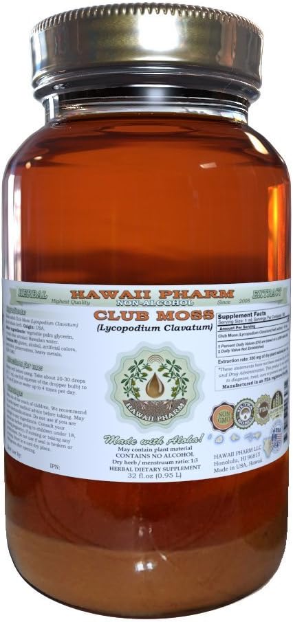 Club Moss Alcohol-Free Liquid Extract, Club Moss (Lycopodium clavatum) Dried Whole Herb Glycerite Hawaii Pharm Natural Herbal Supplement 32 oz Unfiltered