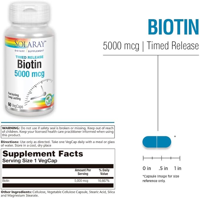 SOLARAY Biotin 5000 mcg | Timed Release | Fast-Acting, Long-Lasting Healthy Hair, Skin & Nails Support | 60 VegCaps