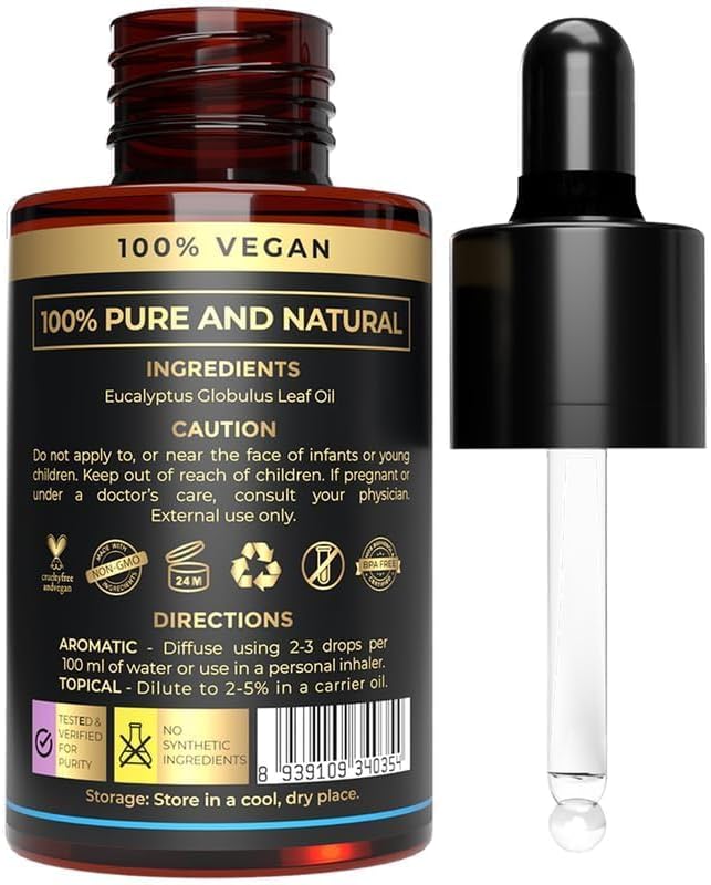 USDA Organic Eucalyptus Essential Oil - 100% Pure, Therapeutic Grade, Aromatherapy & Skin Care Oil - Natural & Non-GMO Eucalyptus Oil for Body Wash, Diffuser & Massage - Calming Essential Oils