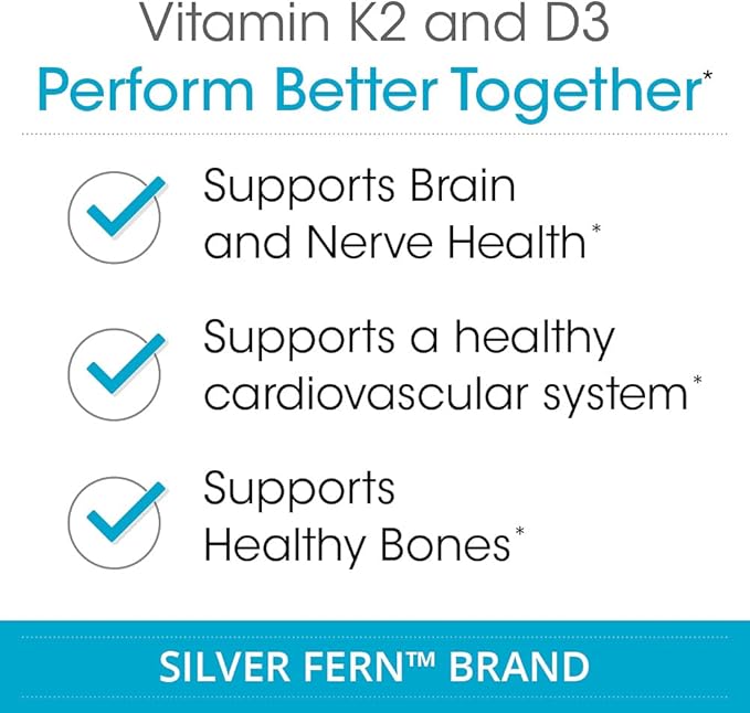 Silver Fern Vitamin K2-D3 Supplement Brand - Natural, Non-Synthetic - K2-7 as Menaquinone-7 (MK-7) - D3 as cholecalciferol - Bone, Heart & Energy Support (1 Bottle - 30 Capsules - 30 Servings)