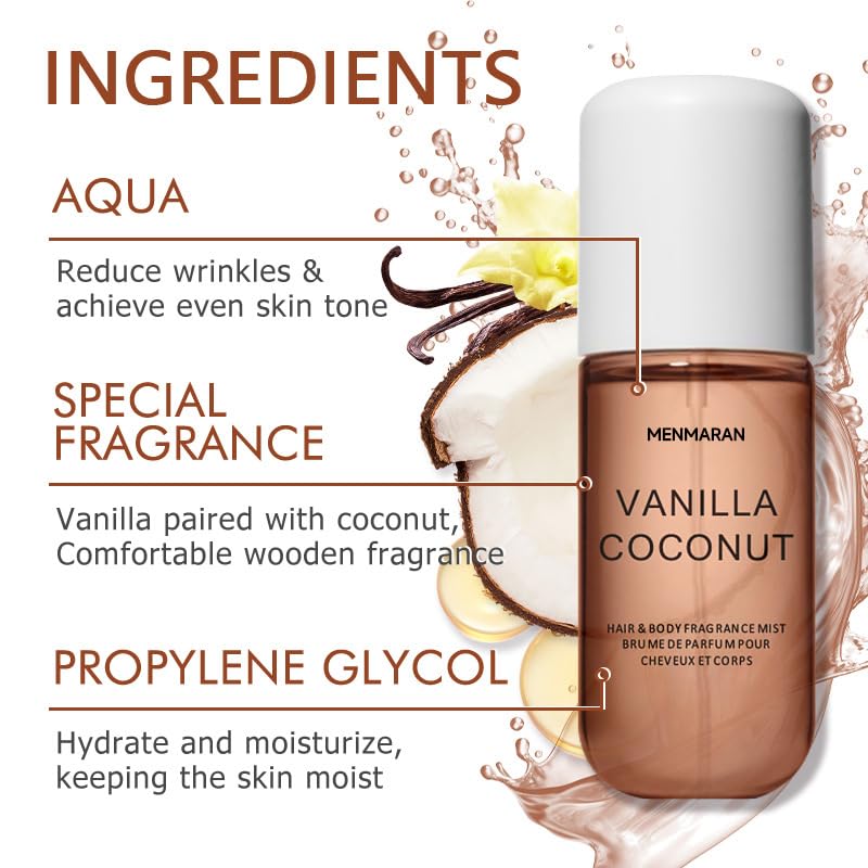 Vanilla Hair & Body Mist Spray – Long-Lasting Fragrance Mist Body Heavy Cream Vanillas Hair Perfume Cream Duo Mist Body Spray for Women & Men, Mini Size 50ml / 1.69 Fl Oz (vanilla cocount)