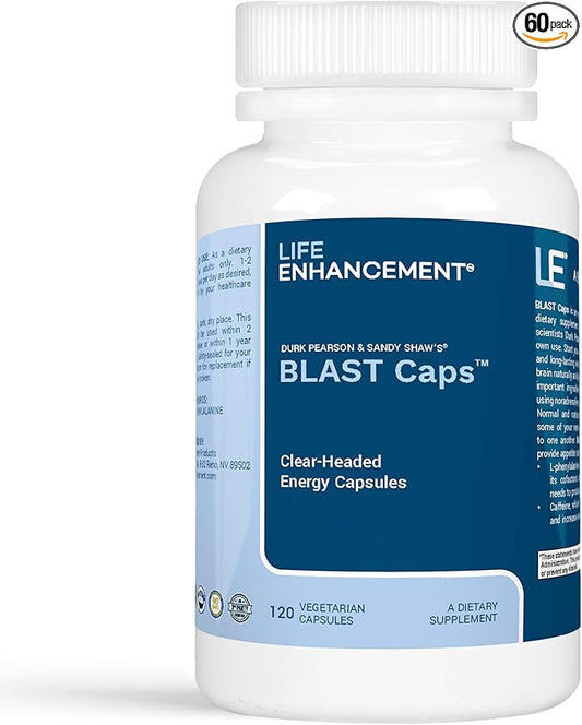 Life Enhancement Blast Caps, 60 Capsules - Energy and Focus Supplement - Nootropics Brain Support Supplement with B12, Niacin, Caffeine, Taurine, Phenylalanine, Vitamin C, & More